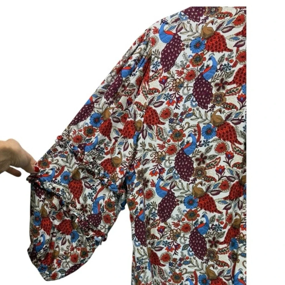 LOFT Womens Peacock Floral Ruffle Sleeve Henley Blouse Multicolor Top Size XL‎